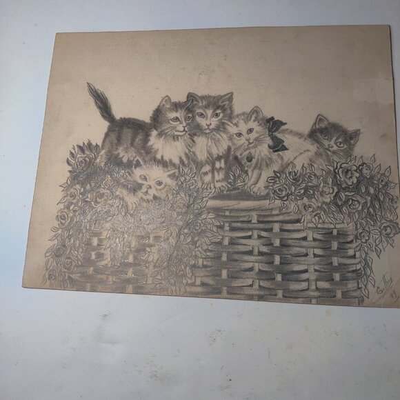 Pencil Sketch of a basket of kittens by artist signed, Esther 1949. - Picture 8 of 8